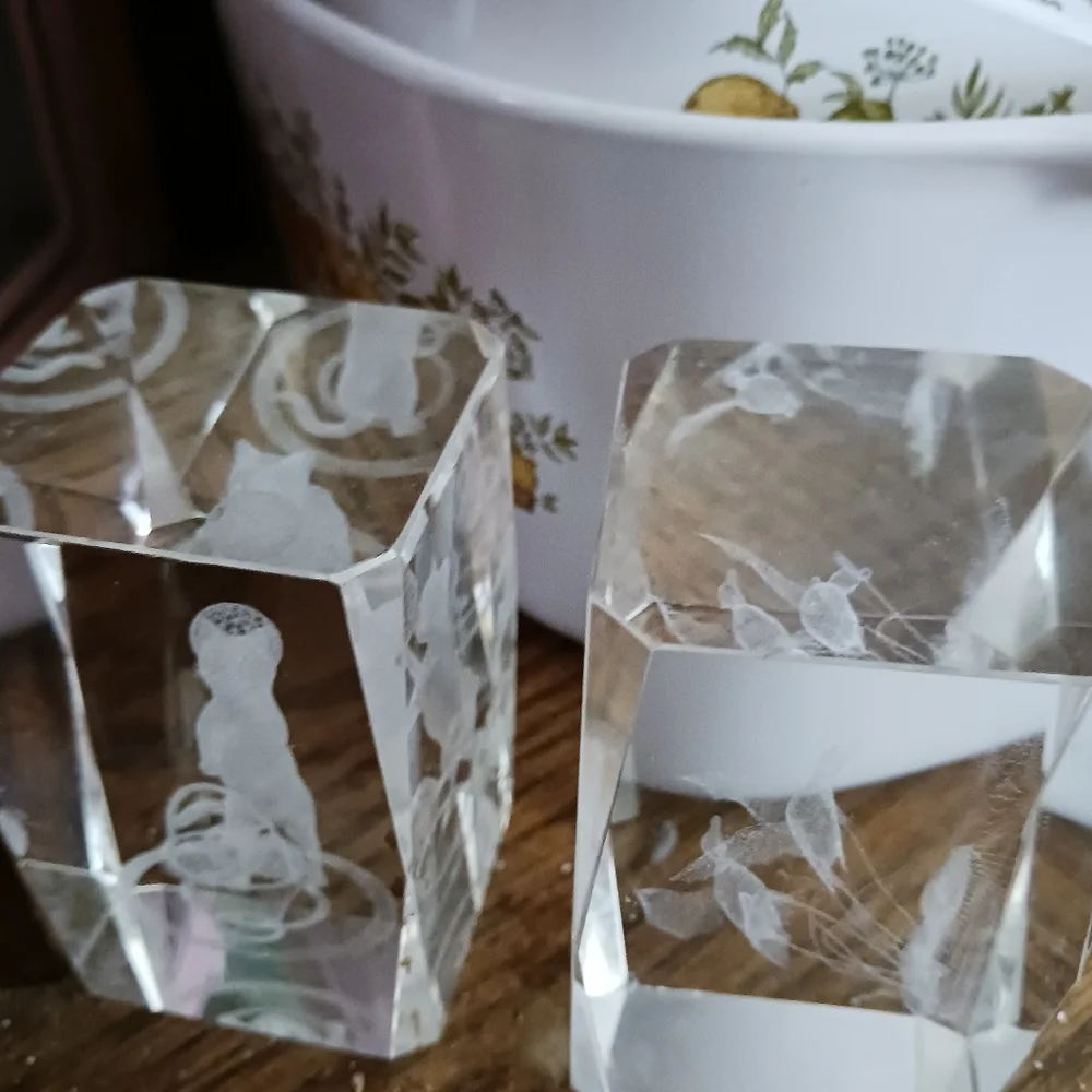 1#Crystal Glass Blocks with Etched Designs Cat&birds Heavy Paperweights - Picture 2 of 8